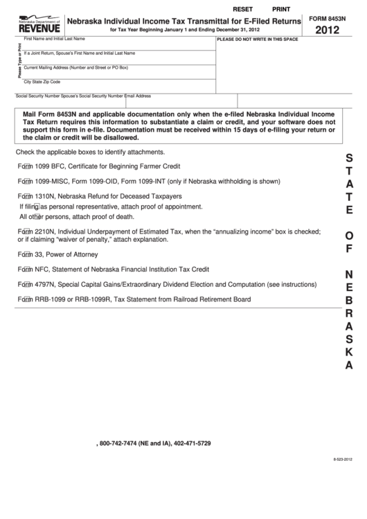 Fillable Form 8453n - Nebraska Individual Income Tax Transmittal For E-Filed Returns - 2012 Printable pdf