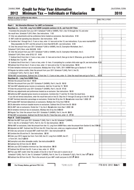 Fillable Form Ftb 3510 - Credit For Prior Year Alternative Minimum Tax - Individuals Or Fiduciaries - 2012 Printable pdf