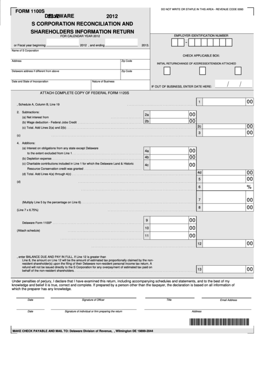 Fillable Form 1100s - Reconciliation And Shareholders Information Return - 2012 Printable pdf