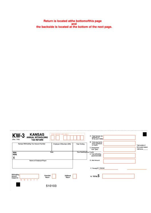 Fillable Form Kw-3 - Kansas Annual Withholding Tax Return Printable pdf