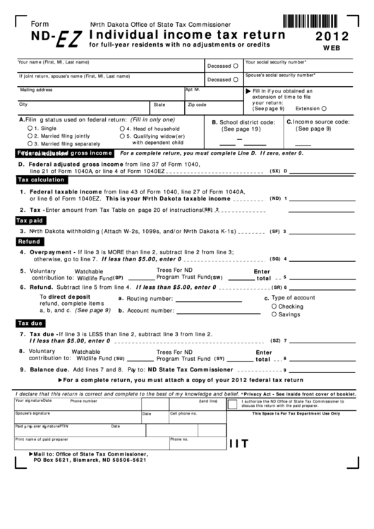 Fillable Form Nd-Ez - Individual Income Tax Return - 2012 Printable pdf