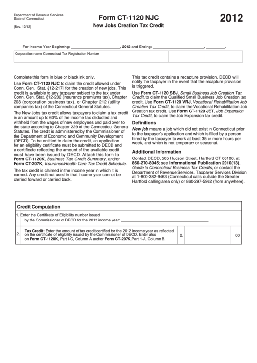 Form Ct-1120 Njc - New Jobs Creation Tax Credit - 2012 Printable pdf