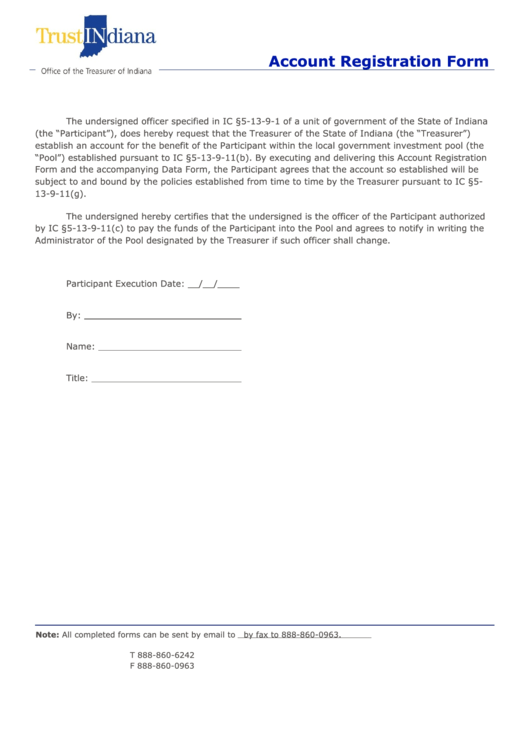 Fillable Account Registration Form - Office Of The Treasurer Of Indiana Printable pdf