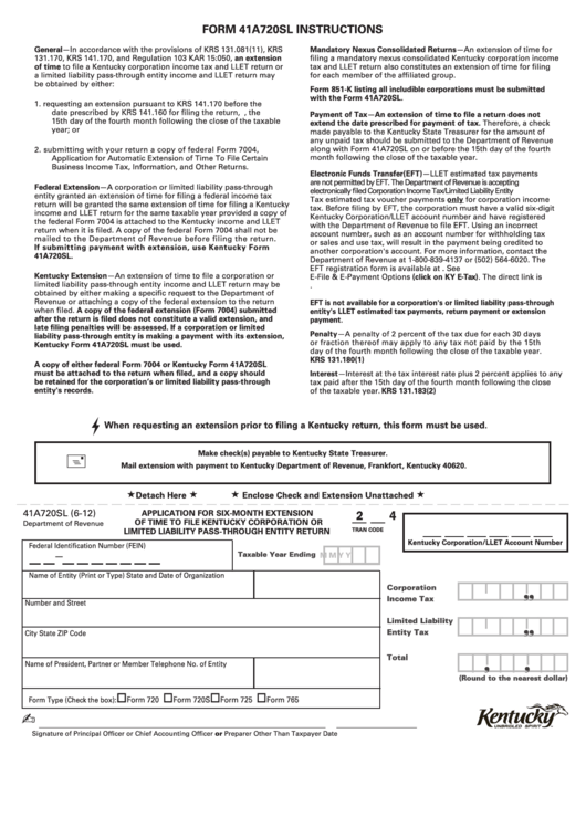 Form 41a720sl - Application For Six-Month Extension Of Time Printable pdf
