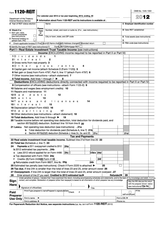 Fillable Form 1120-Reit - U.s. Income Tax Return For Real Estate Investment Trusts - 2012 Printable pdf