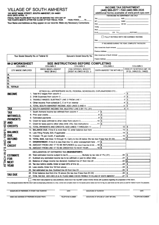 Form W-2 Worksheet - Village Of South Amherst Printable pdf