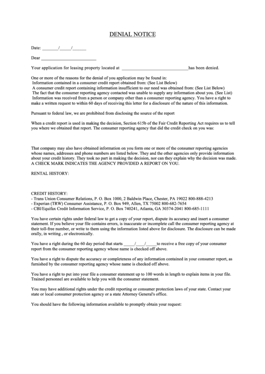 Denial Notice Form Printable pdf