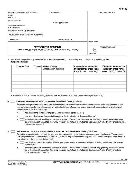 Fillable Form Cr-180 - Petition For Dismissal Printable pdf