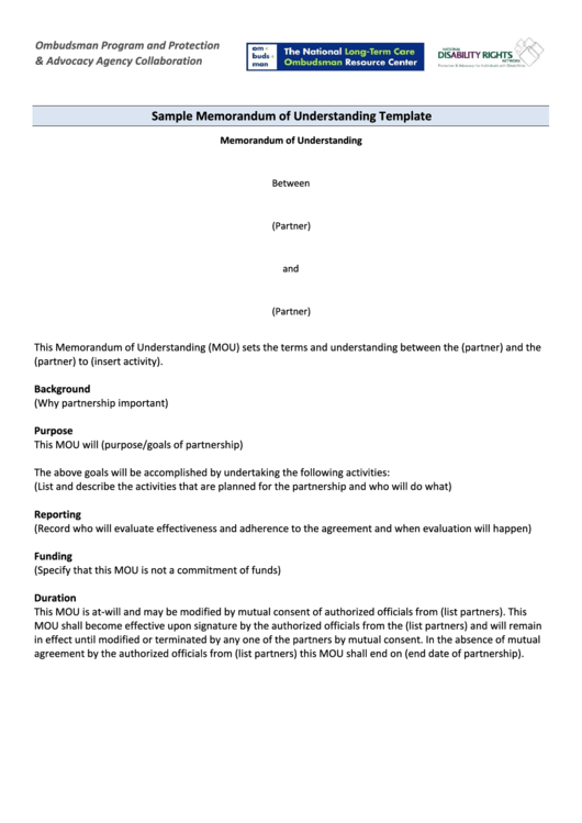 Sample Memorandum Of Understanding Template Printable pdf
