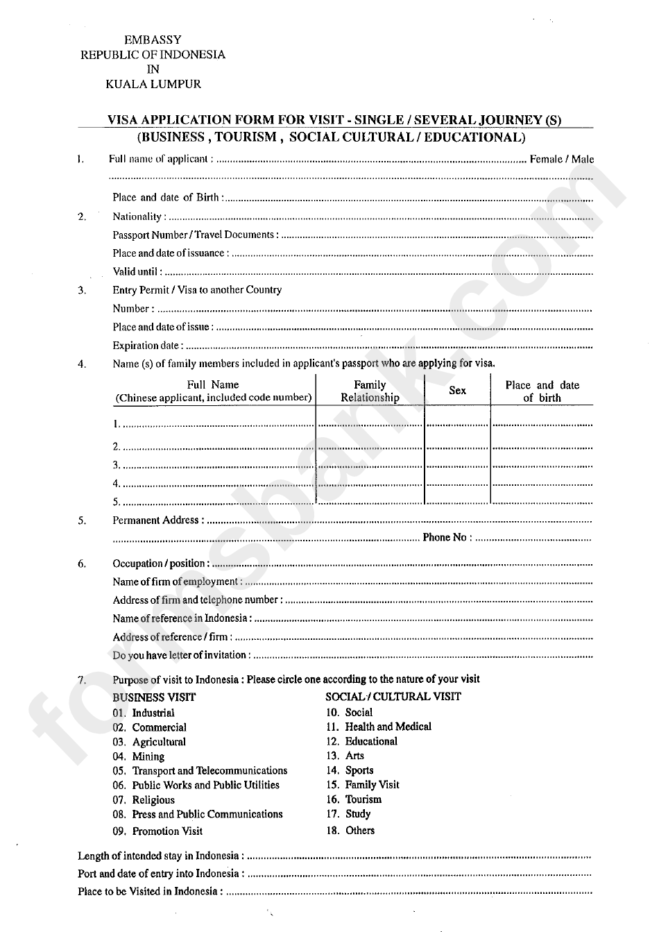 Indonesia Visa Application Form For Visit - Single/several Journey(S