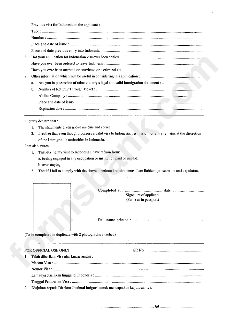 Indonesia Visa Application Form For Visit - Single/several Journey(S)