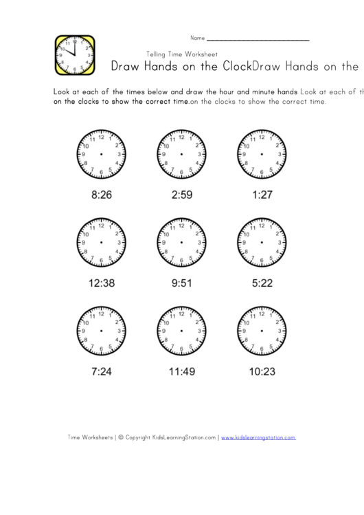 Draw Hands On The Clock - Time Worksheet Printable pdf
