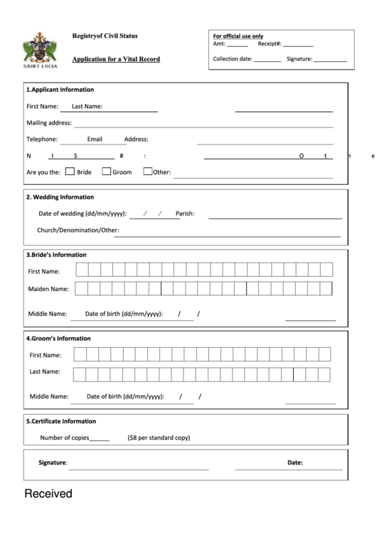 Application For A Vital Record - Registry Of Civil Status, Saint Lucia Printable pdf