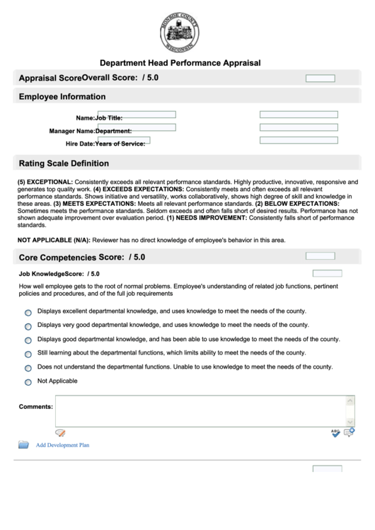 Department Head Performance Appraisal - Monroe County Printable pdf