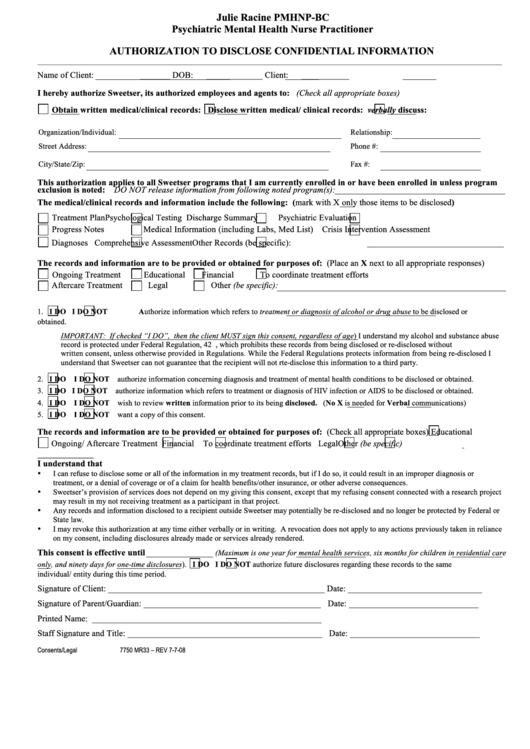 Authorization To Disclose Confidential Information Form - Maine Mental Health Services Printable pdf