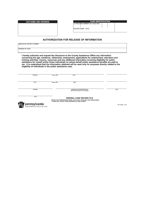 Authorization For Release Of Information - Pennsylvania Department Of Public Welfare Printable pdf