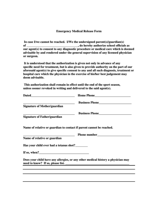 Emergency Medical Release Form Printable pdf