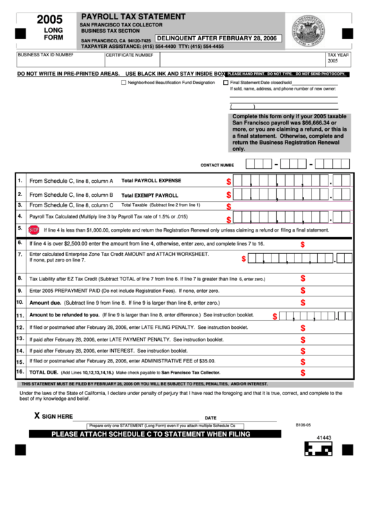Fillable Long Form - Payroll Tax Statement - San Francisco Tax Collector - 2005 Printable pdf