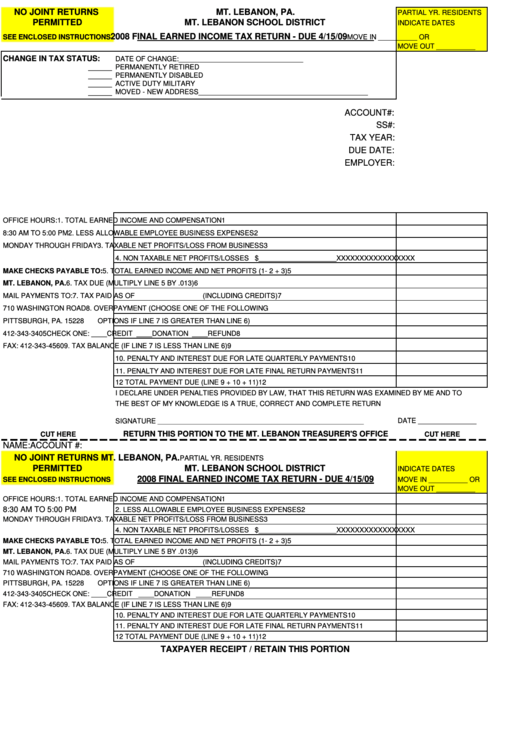 Final Earned Income Tax Return Form - 2008 Printable pdf
