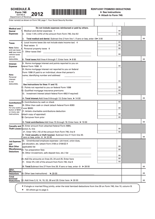 Fillable Shedule A - Form 740 (State Form 42a740-A) - Kentucky Itemized Deductions - 2012 Printable pdf
