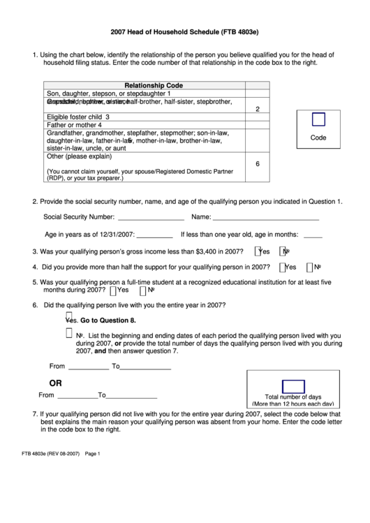 Form Ftb 4803e - Head Of Household Schedule - 2007 Printable pdf