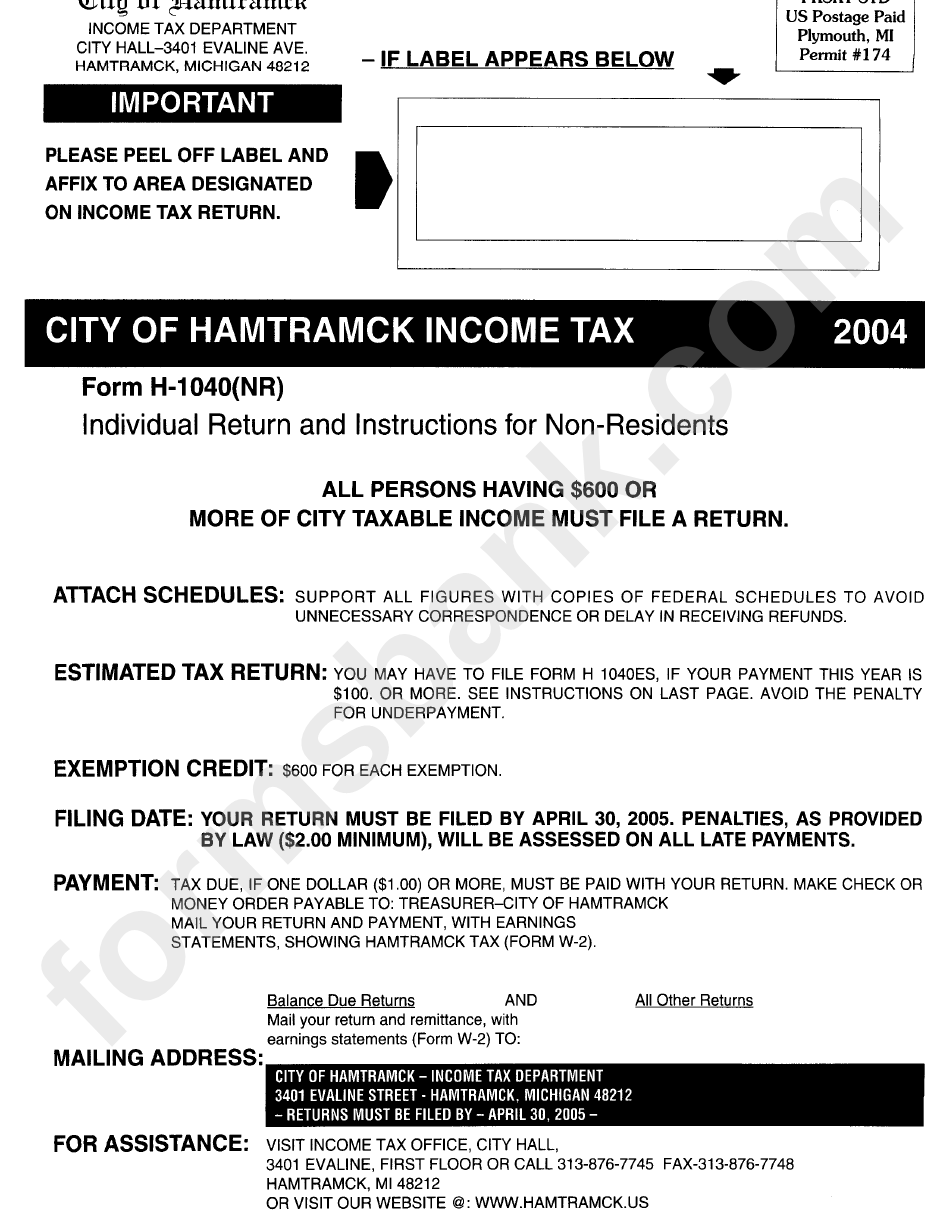 Instructions For Form H-1040(Nr) - City Of Hamtramck Income Tax Department - 2004
