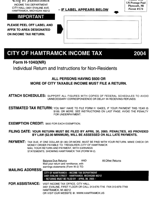 Instructions For Form H-1040(Nr) - City Of Hamtramck Income Tax Department - 2004 Printable pdf