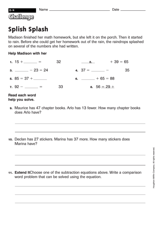 Splish Splash - Math Worksheet With Answers Printable pdf