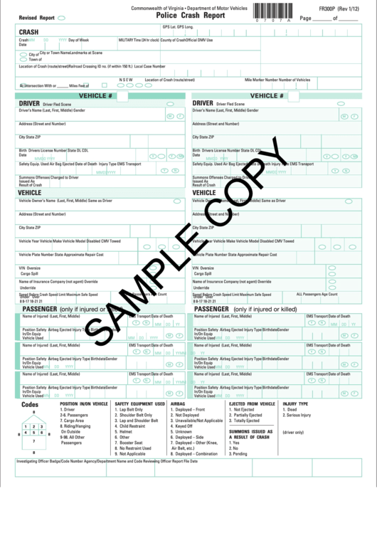 Sample Form Fr300p - Police Crash Report Printable pdf