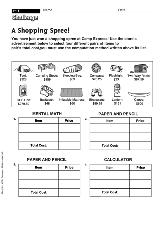 A Shopping Spree! - Math Worksheet With Answers Printable pdf