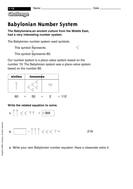 Babylonian Number System - Math Worksheet With Answers Printable pdf