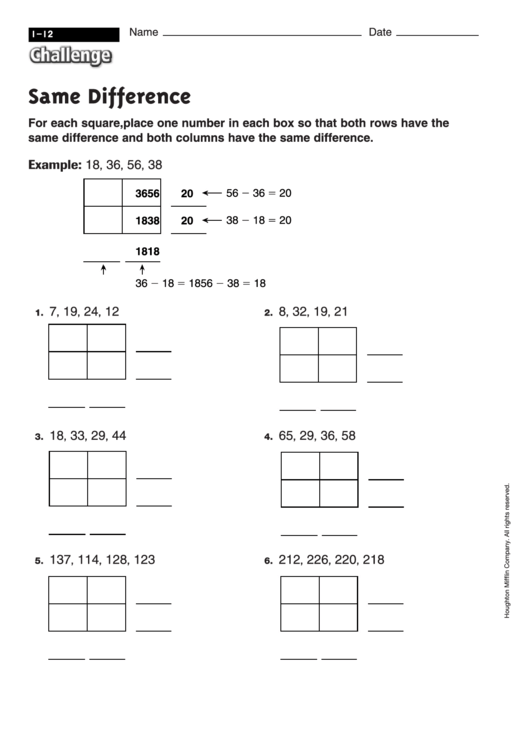 Same Difference - Math Worksheet With Answers Printable pdf