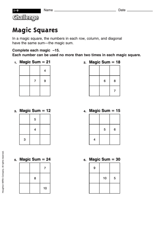 Magic Squares - Math Worksheet With Answers Printable pdf