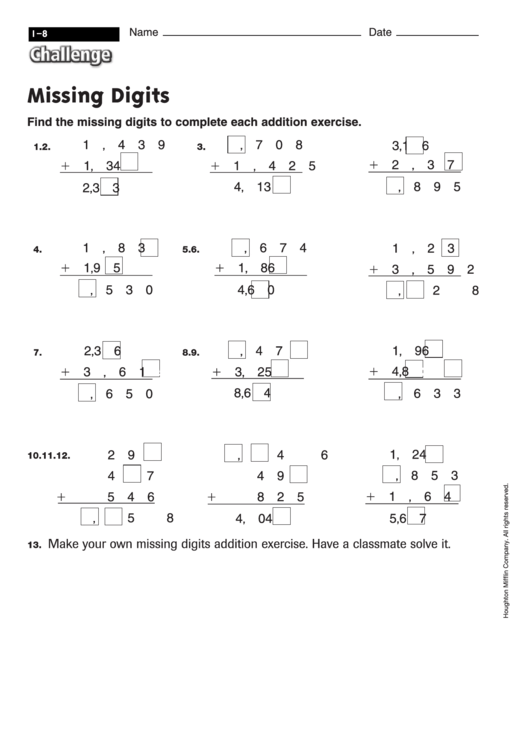 Missing Digits - Math Worksheet With Answers Printable pdf