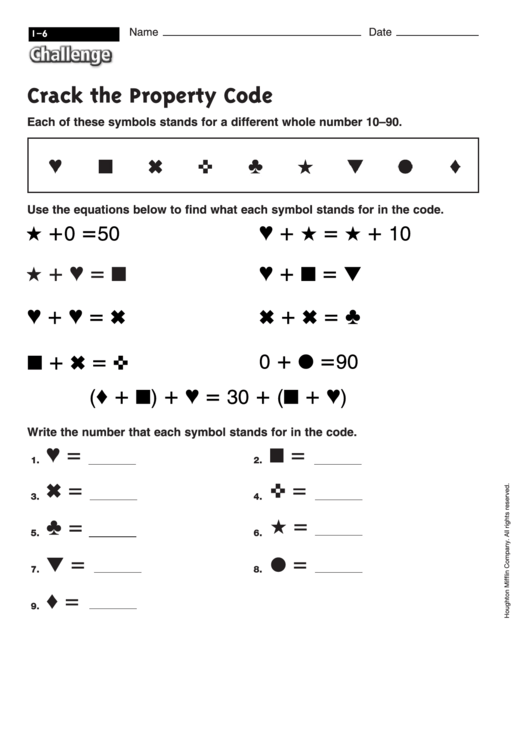 Crack The Property Code - Math Worksheet With Answers Printable pdf