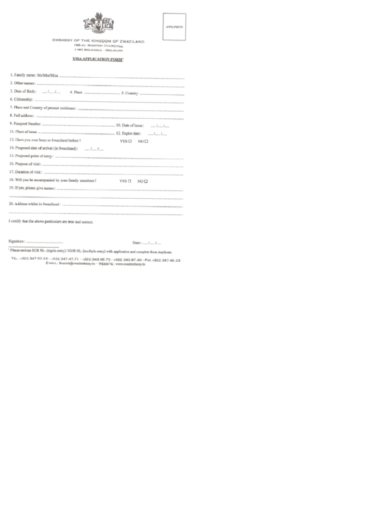 Zwaziland Visa Application Form Printable pdf