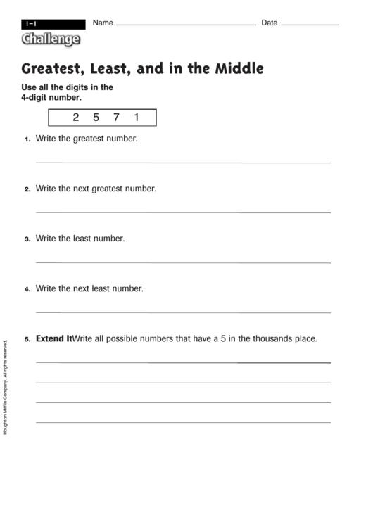 Greatest, Least, And In The Middle - Math Worksheet With Answers Printable pdf