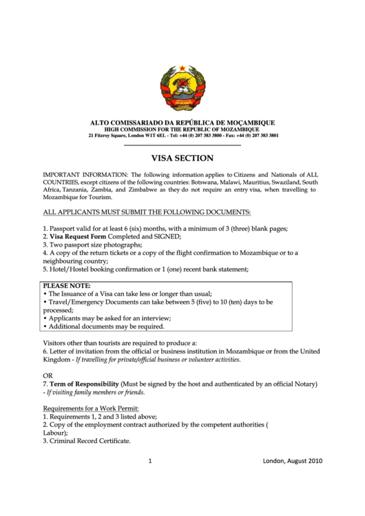 Request For Entry Visa To Mozambique Printable pdf