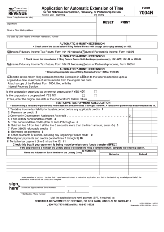 Fillable Form 7004n - Application For Automatic Extension Of Time Printable pdf