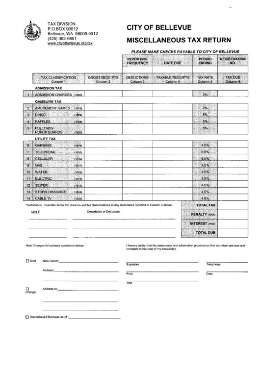 City Of Bellevue Miscellaneous Tax Return Form Printable pdf