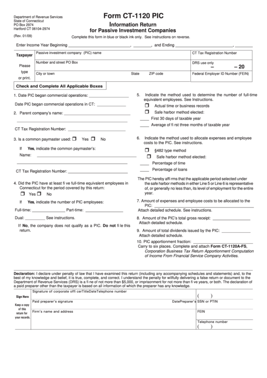 Fillable Form Ct-1120 Pic - Information Return For Passive Investment Companies Printable pdf