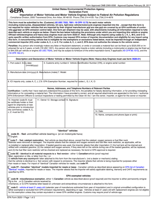 Epa Form 3520-1 - Declaration Form - Importation Of Motor Vehicles And Motor Vehicles Engines Subject To Federal Air Pollution Regulations