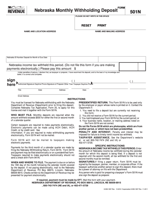 Fillable Form 501n - Nebraska Monthly Withholding Deposit Printable pdf