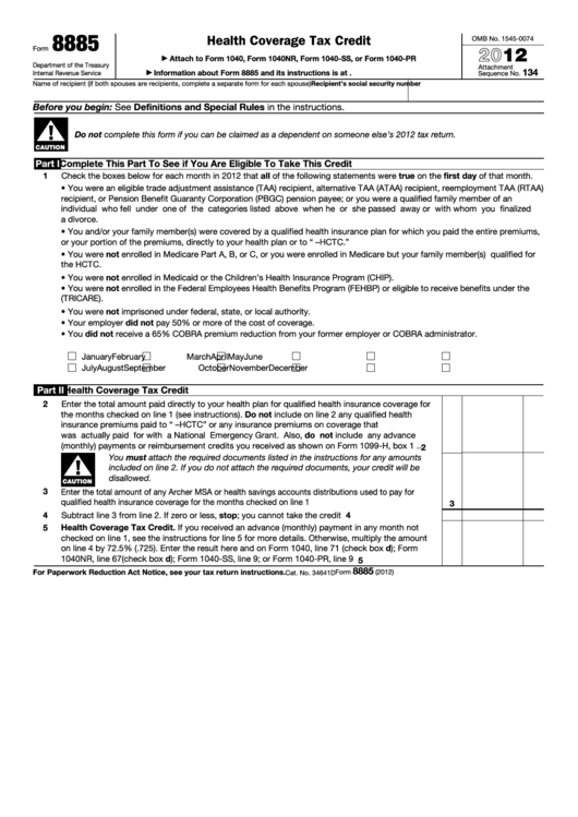 Fillable Form 8885 - Health Coverage Tax Credit - 2012 Printable pdf