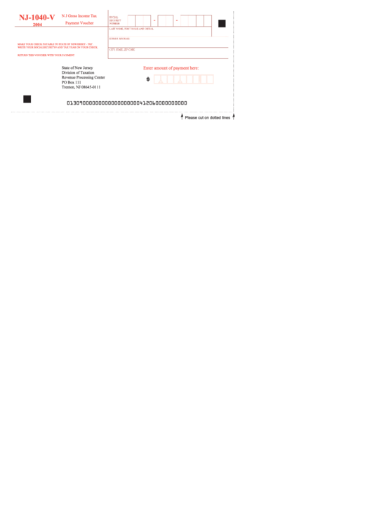 Form Nj-1040-V - Nj Gross Income Tax Payment Voucher - 2004 Printable pdf