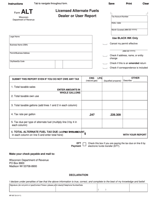 Fillable Form Alt - Licensed Alternate Fuels Dealer Or User Report Printable pdf