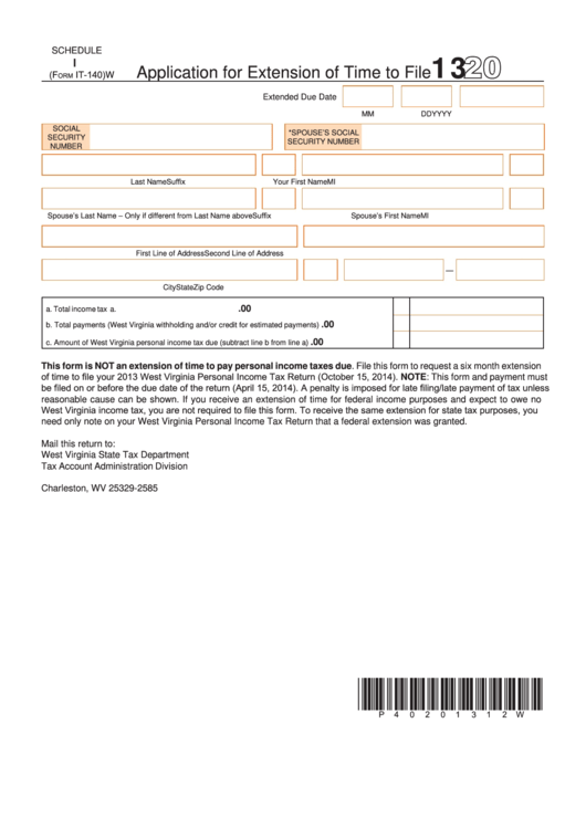 Fillable Shedule L (Form It-140) - Application For Extension Of Time To File - 2013 Printable pdf