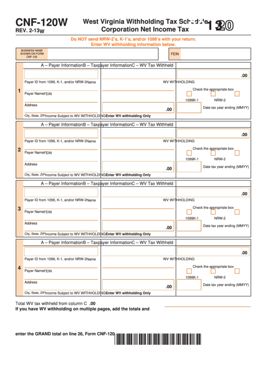 Form Cnf-120w - West Virginia Withholding Tax Schedule - Corporation Net Income Tax - 2013 Printable pdf