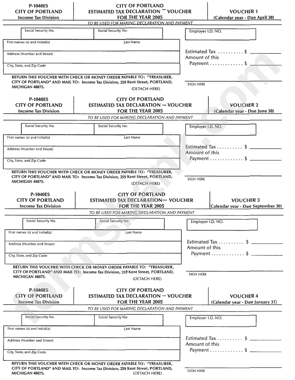 Form P-1040es - City Of Portland Estimated Tax Declaration Voucher - 2005