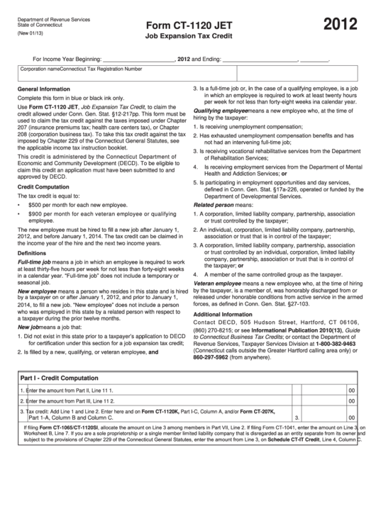 Form Ct-1120 Jet - Job Expansion Tax Credit - 2012